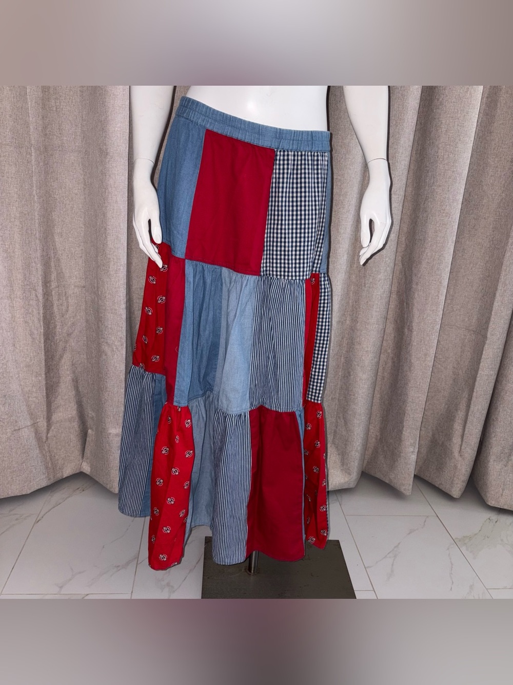 Patchwork Tiered Maxi Skirt - Red & Blue